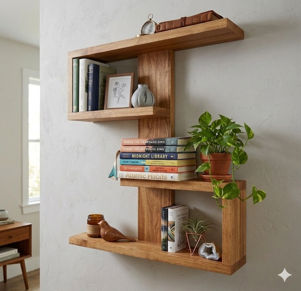 Wooden Floating Shelf – Double C Geometric Wall Shelf Decor - Image 2