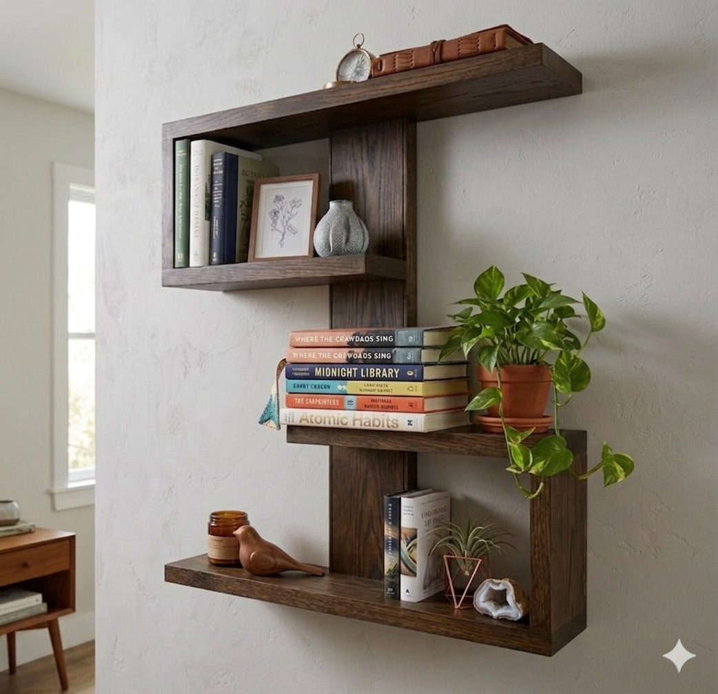 Wooden Floating Shelf – Double C Geometric Wall Shelf Decor - Image 4