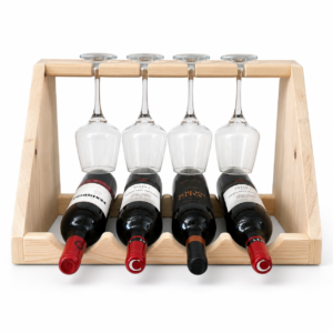 Wooden Wine Rack with Glass Holder, Handmade 4 Bottle Countertop Wine Rack, Custom Wood Wine Storage, Rustic Kitchen Bar Gift