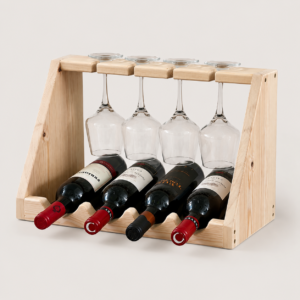Wooden Wine Rack with Glass Holder, Handmade 4 Bottle Countertop Wine Rack, Custom Wood Wine Storage, Rustic Kitchen Bar Gift