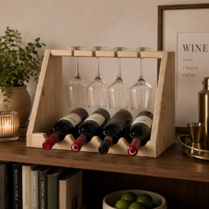Wooden Wine Rack with Glass Holder, Handmade 4 Bottle Countertop Wine Rack, Custom Wood Wine Storage, Rustic Kitchen Bar Gift