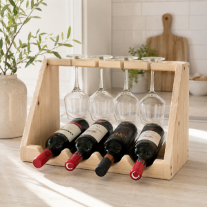 Wooden Wine Rack with Glass Holder, Handmade 4 Bottle Countertop Wine Rack, Custom Wood Wine Storage, Rustic Kitchen Bar Gift