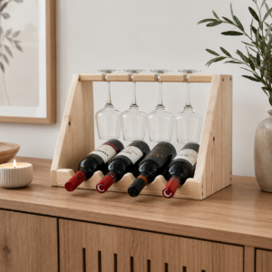 Wooden Wine Rack with Glass Holder, Handmade 4 Bottle Countertop Wine Rack, Custom Wood Wine Storage, Rustic Kitchen Bar Gift